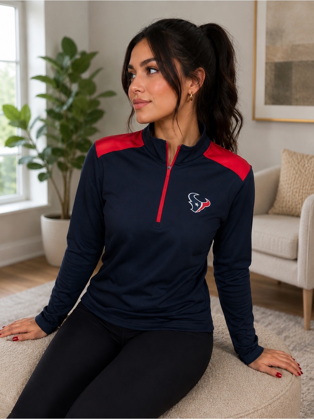 NFL Men's Navy Blue and Red Quarter-Zip Sweater